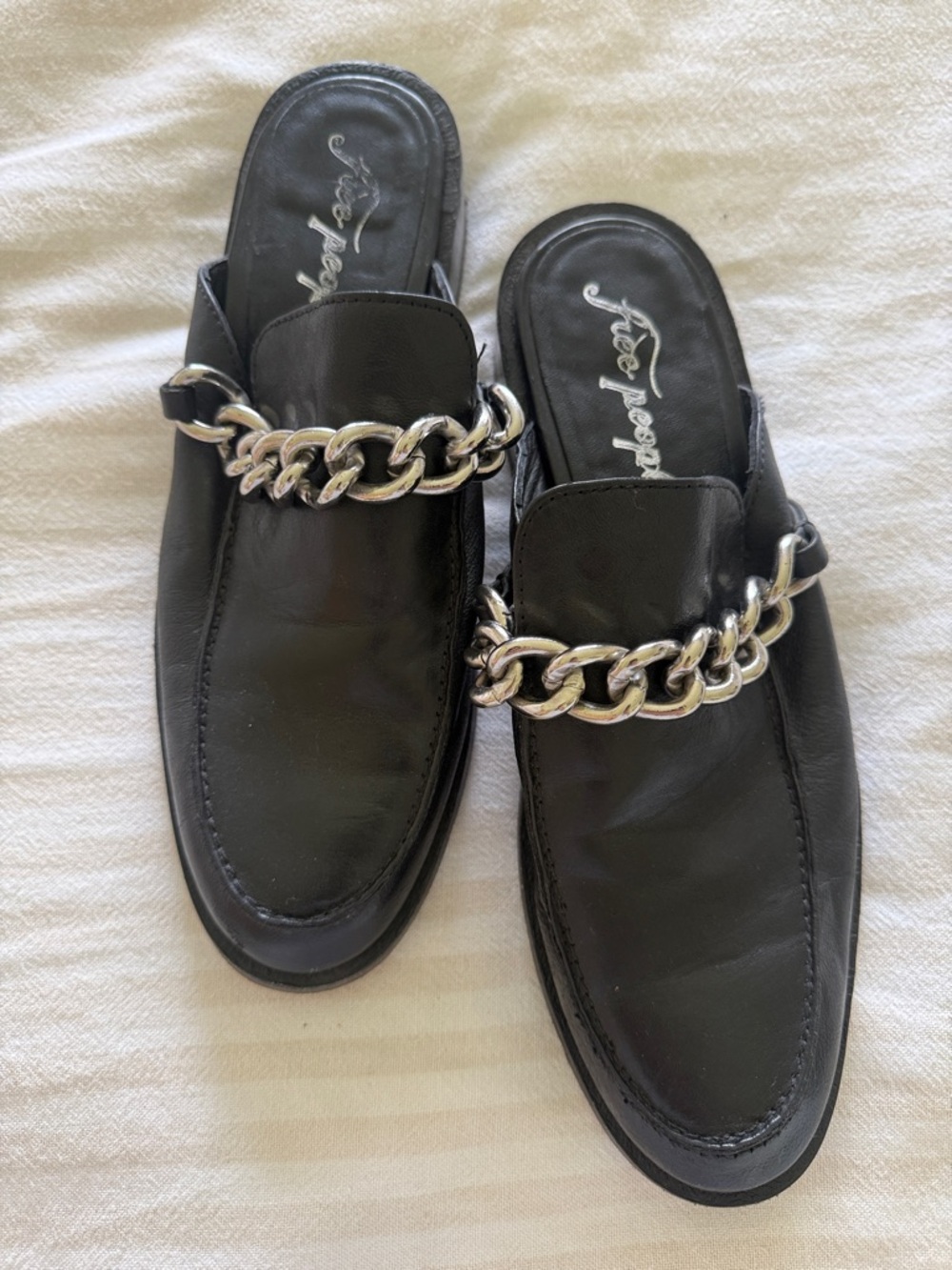 Free people vida mules Black Slip-On Loafers with Silver Chain Accent